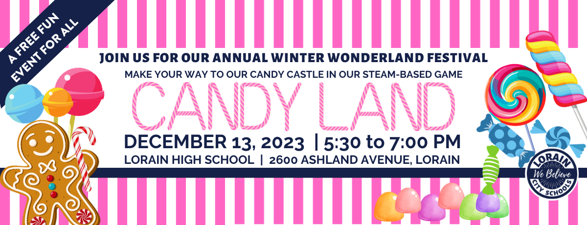 pink and white candy land banner with candy pieces around it