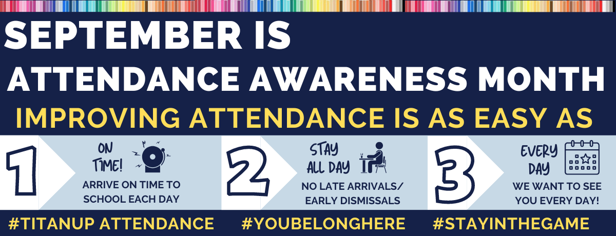 September is attendance awareness month banner in blue and white with yellow letters that say improving attendance is as easy as 1, 2, 3